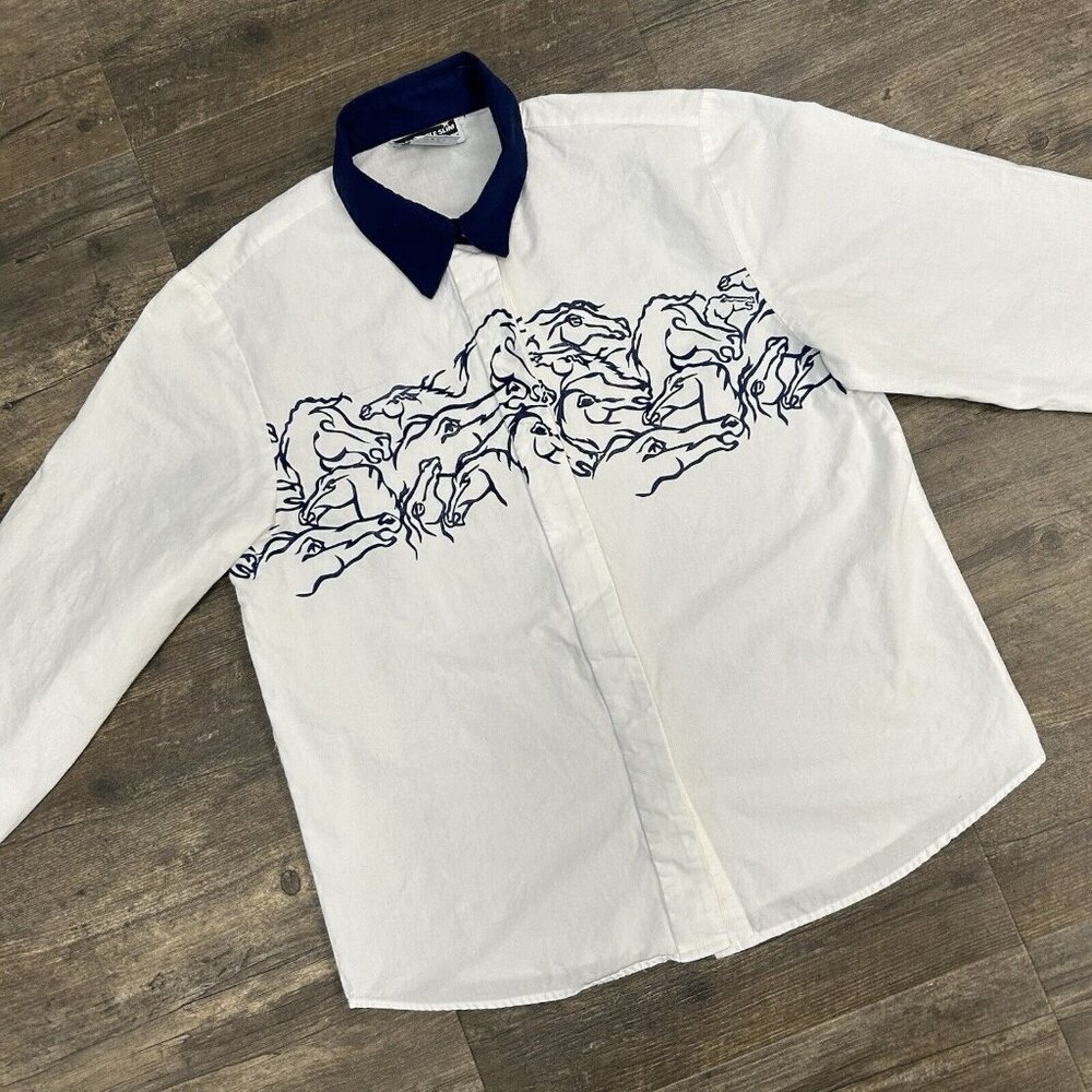 PANHANDLE SLIM Women Medium Button Shirt‎ White Horses Vintage USA Made (38)